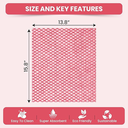 50 Count Disposable Cleaning Cloths, Red - 13.8"x15.8" Ultra Absorbent Towels for Kitchen, Stove & Bathroom - Multi-Purpose Soft Dish Cloths