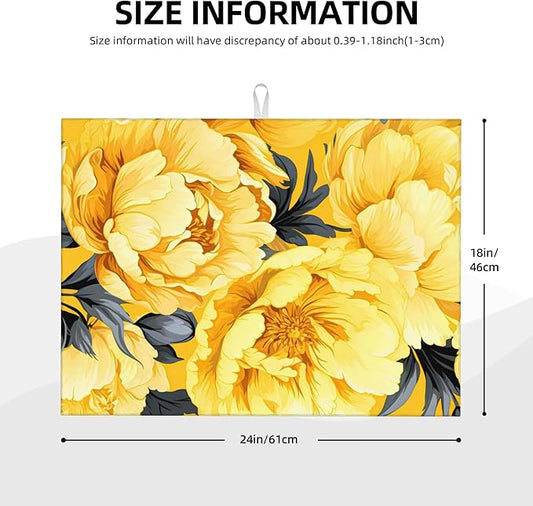 Yellow Peony Dish Drying Mats for Kitchen Counter, Absorbent Reversible Microfiber Dish Drying Pad, Multi-Use Large Drying Mat Coffee Bar Accessories 18"x24"