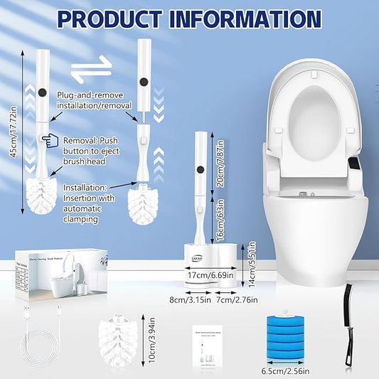 Electric Toilet Brush and Holder Set, Electric Toilet Bowl Brush, Toilet Brush Cleaner Set with 5 Refills Disposable Cleaner Brush, Floor Standing, Wall Mounted Without Drilling, Rechargeable, White