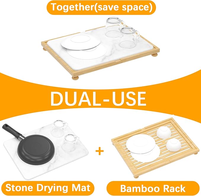 Golener Stone Drying Mat for Kitchen Counter, Dish Drying Pad with Bamboo Rack, Super Absorbent Diatomaceous Earth and Drying Rack, Multi-purpose Quick Drying Mat Rack for Kitchen,16โx12โ,Marble White