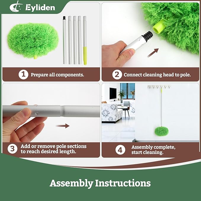 Eyliden 68" Adjustable Ceiling Fan Duster - 360° Dual-Sided Microfiber, 0.75 lbs Ultra-Lightweight, Ladderless High Ceiling Cleaning, Reusable Multi-Surface Dust Tool for Fans Walls Blinds, Green