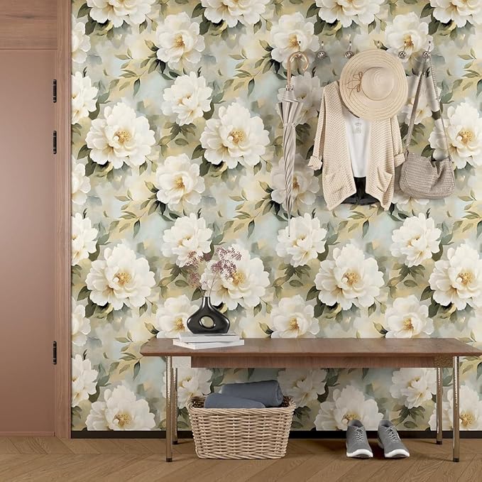 White Floral Wallpaper Peel and Stick,Beige/Green Peony Contact Paper,Oil Painting Watercolor Large Flower Wall Paper Self Adhesive Waterproof Removable for Bedroom Shelf Cabinet Drawer 17.5" x 118"