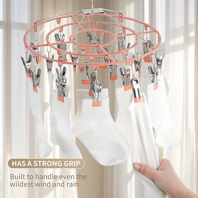 PHYDELU Drying Rack Clothing with 24 Clips,Sock Hanger for Drying,Hanging Clothes Dryer Underwear Hangers Racks Laundry Herb Socks Panty Wet Bra Lingerie Baby Delicates Foldable Small Indoor Metal