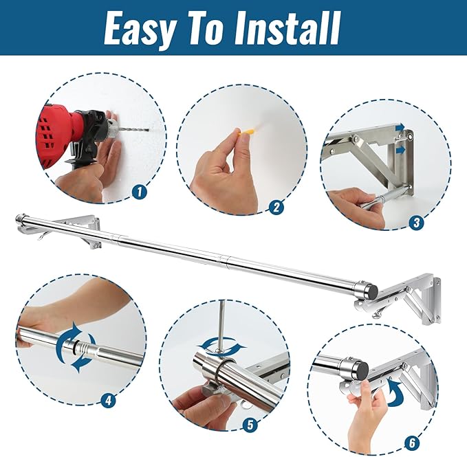 Foldable Wall Mounted Clothes Rack-44'' Long Rod&2 Bases,Stainless Steel, Heavy Duty,Detachable,Multi-Purpose for Space-Saving Garment Rack/Clothes Drying Rack/Plant Hanger,Top Shelf Room Reserved