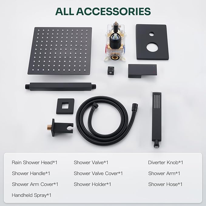 Ceiling Mount Shower System, Black Shower Faucet Set with 12-Inch Rain Showerhead and Handheld Spray Combo, High-Pressure Showerheads Set with Valve and Trim Kit, Matte Black
