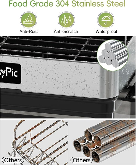 2 Tier Dish Drying Rack, Thicker Premium 304 Stainless Steel Dish Racks for Kitchen Counter, Automatic Drainage Spout, Dish Drainer & Drainboard Set with Utensil Holder and Cup Holder, Black