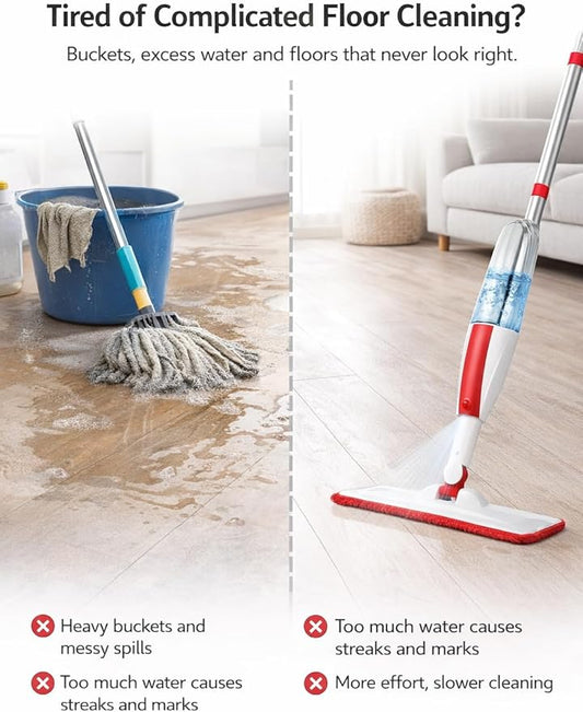 Spray Mop for Floor Cleaning with Refillable Bottle (14 oz), 3 Washable Microfiber Pads & Scraper – Lightweight 360° Rotating Mop, No Batteries, Streak-Free Cleaning for Hardwood, Tile & Laminate