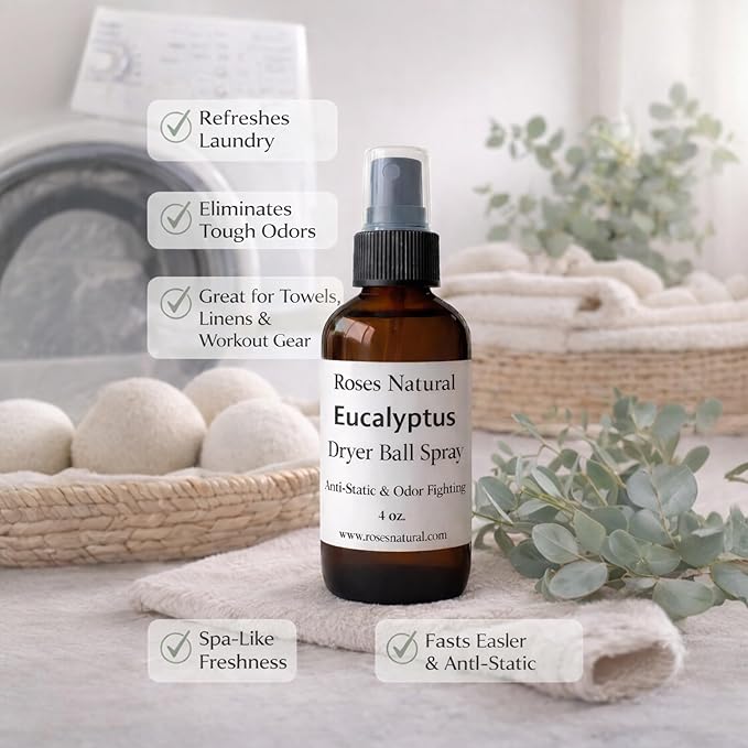 Natural Dryer Ball Spray, 4 oz, Patchouli, Lavender,Essential Oil Laundry Refresher, Fabric Freshener for Clothes, Linens & Wool, Anti-Static & Odor Neutralizer, Made in the USA (Eucalyptus)