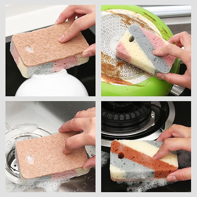 Double Sided Multi-Purpose Kitchen Cleaning Sponge, Great for Dishwashing and Stain Removal, Absorbent, Durable Coconut Fiber Side and Soft Sponge Side 5 Pcs Brown