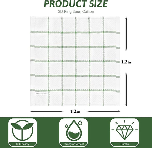 Nialnant 8 Pack Dish Cloths for Washing Dishes, 100% Cotton Reusable Cleaning Rag, Quick Drying Dish Towels for Kitchen,12x12 Inches,Green Plaid