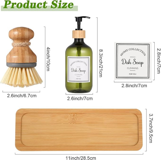 Zopeal 4 Pcs 16 oz Kitchen Soap Dispenser Set with Bamboo Tray and Dish Brush Plastic Soap Dispenser Set with Waterproof Labels for Hand Dish Lotion(Green)