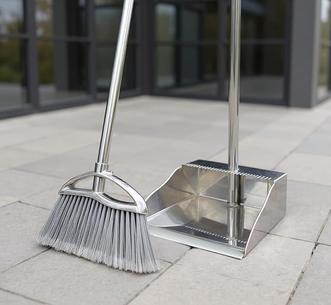 Metal Dustpan and Heavy Duty Broom Set, Stand Up Dustpan with Outdoor Stiff Bristles Broom for Hardwood Patio Room Office Floor Sweeping