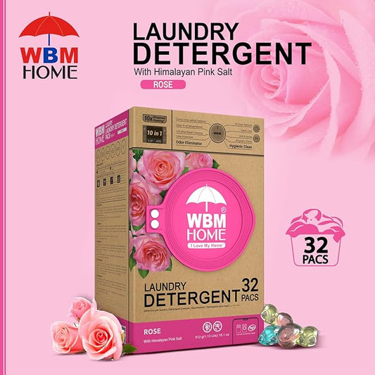 WBM 10-in-1 Laundry Detergent Pods, Ultra Concentrate, Powerful Stain Lifter, Fabric Softener, Rose Scent, 32 Count, HE Compatible, Eco-Friendly, Gentle
