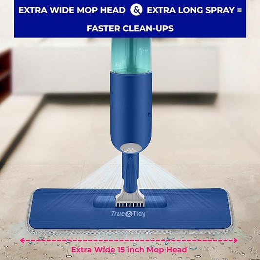 True & Tidy® SPRAY-250 Multi-Surface Spray Mop with Refillable Water Bottle for Floor Cleaning, Works on Wood, Tile, Marble etc, Use Any Cleaning Solution, Machine Washable Microfiber Mop Pads, Navy