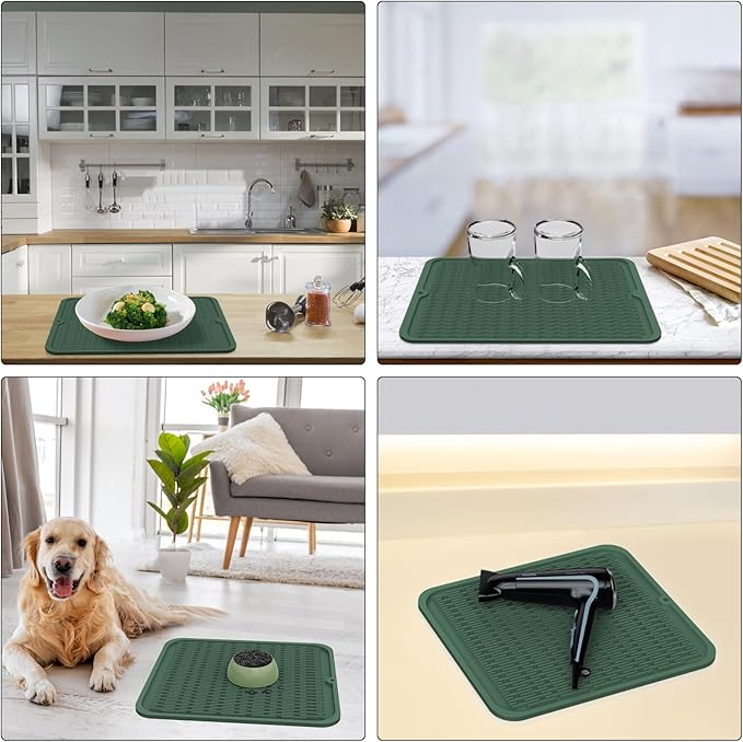 ZLR Large Silicone Dish Drying Mat (16" x 18") - XL Heavy Duty Drainboard Mat for Pots, Pans & Family Loads - Heat Resistant Trivet & Counter Protector, Easy Clean (Dark Green)