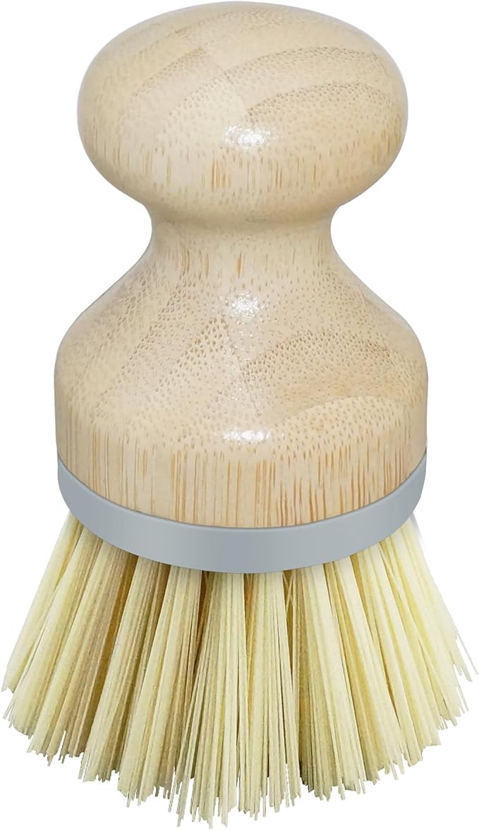 OGGI Natural Bamboo Dish Brush - Round Palm Dish Brush, Non-Scratch, Odorless Nylon Bristles, Durable Scrub Brush for Grease & Grime, Safe Cleaning Brush for Non-Stick Cookware - Gray Accent Color