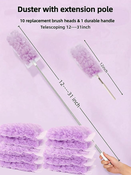 Heavy Duty Duster Refills, Disposable Dusters Kit for Cleaning Dusting Furniture Blind Ceiling Fan, Multi Surface 360 Feather Duster(10)+3FT Extended Handle(1) (pueple)