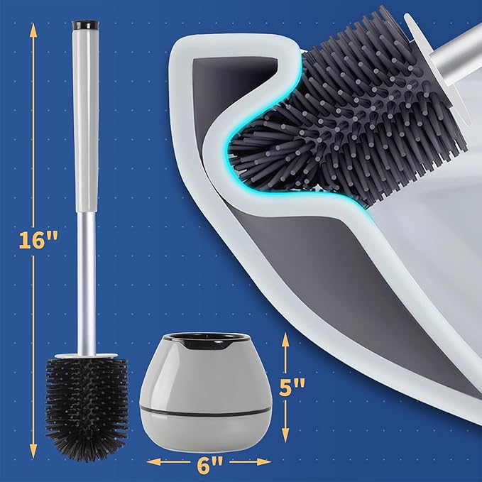 BOOMJOY Toilet Brush and Holder Set 2 Pack, Silicone Toilet Bowl Cleaner Brush, Toilet Scrubber Brush with Tweezers for Bathroom Cleaning, RV Accessories, House Organization Must-Haves - Gray