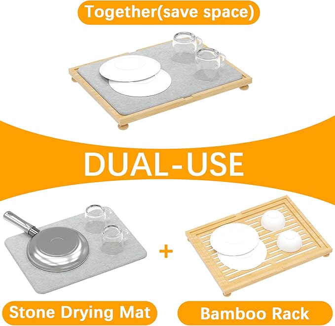Golener Stone Drying Mat for Kitchen Counter, Dish Drying Pad with Bamboo Rack, Super Absorbent Diatomaceous Earth and Drying Rack, Multi-purpose Quick Drying Mat Rack for Kitchen, 16โx12โ, Dark Grey