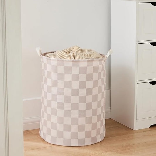 Beige Khaki Checkered Laundry Basket, Collapsible Aesthetic Cute Canvas Organizer Hamper Basket for Storage, Toy Bins, Bedroom Clothes, Children Nursery, Gift Basket