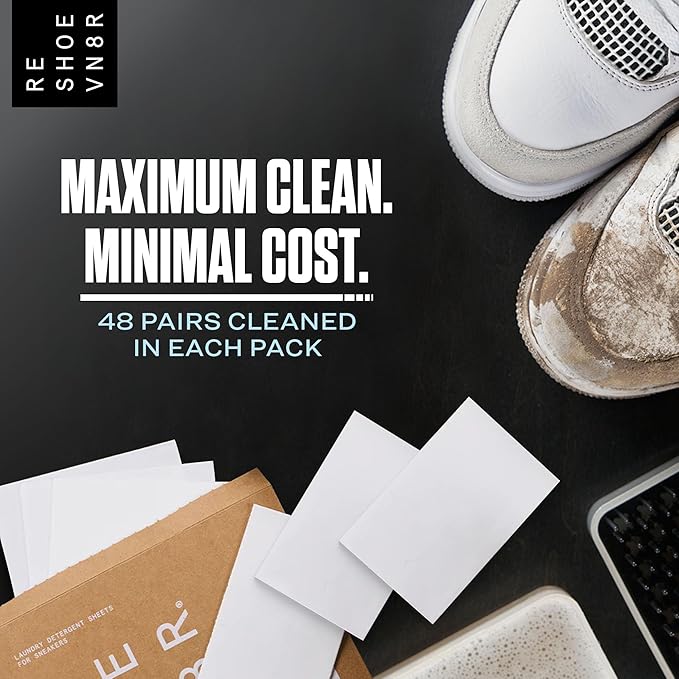 RESHOEVN8R Shoe Wash Detergent Sneaker Laundry Sheets – 16 Loads, Cleans 48 Shoes – Eco-Friendly Shoe Cleaner for Washer – Safe on All Shoes, Laces and Other Shoe Materials