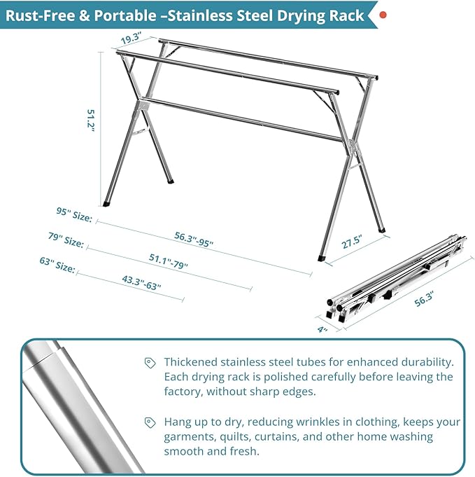 JAUREE 79 Inches Clothes Drying Rack, Drying Rack Clothing Folding Indoor Outdoor, Heavy Duty Stainless Steel Laundry Rack, Foldable Portable Large Clothes Rack Garment Rack with 20 Windproof Hooks