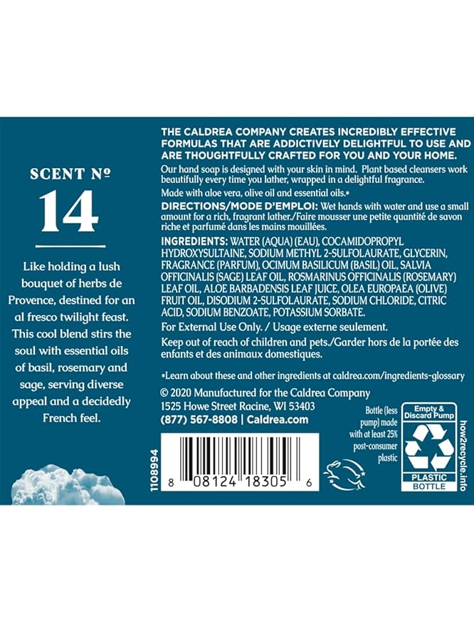 Caldrea Hand Wash Soap, Basil Blue Sage Scent, 10.8 Oz