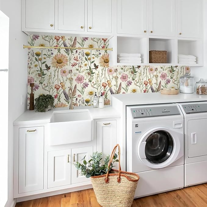 Livebor Floral Peel and Stick Wallpaper Floral Bird Contact Paper 16.9inch x 393.7inch Vintage Flower Wallpaper Peel and Stick Self Adhesive Flower Contact Paper Botanical Decor for Bathroom Vinyl
