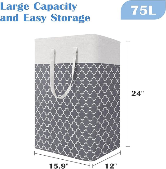 BlissTotes 3-Pack Laundry Basket, Freestanding&Waterproof Laundry Hamper, Collapsible Tall Clothes Hamper with Easy Carry Handles for Clothes, Towels in the Family and Dorm,Clover Grey,75L