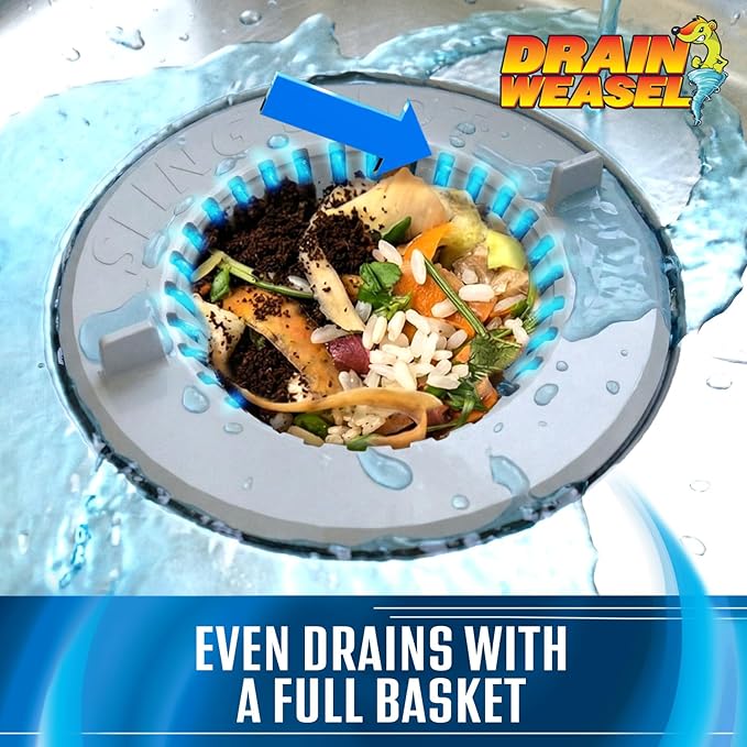 Drain Weasel Slingshot Kitchen Sink Drain Strainer Cover Basket, Food Catcher and Stopper, Screen Filter, Dishwasher Safe, Silicone and Plastic, 2 Pack