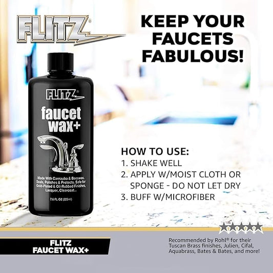 Flitz Faucet Wax Plus - 7.6oz Bottle of USA-Made, Water-Based Faucet Cleaner & Polisher for Water Stains, Fingerprints, & More - Metal Wax for Bronze, Nickel, Chrome, Brass - Granite Polish (3 Pack)