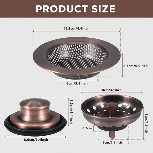 Mudder 3 Pcs Kitchen Sink Drain Strainer and Stopper Stainless Steel Garbage Disposal Plug with Handle Universal Anti-Clogging Kitchen Sink Filter Sieve Basket Strainer(Antique Copper)
