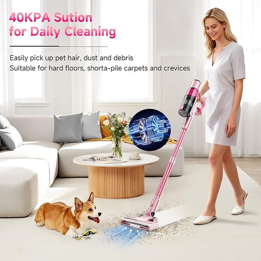 Cordless Vacuum Cleaner: Portable 6-in-1 Stick Vacuum with Anti-Tangle Brush, LED Headlight, Self-Standing, HD Display, Rechargeable Vacuum for Pet Hair, Low-Pile Carpet and Hardwood Floor-Dark Pink