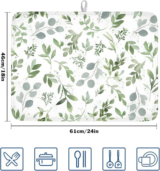 Spring Summer Sage Green Leaves Dish Drying Mat 18 x 24 Inch Spring Eucalyptus Leaf Dish Drainer Rack Mat Absorbent Microfiber for Holiday Kitchen Coffee Dining Bar Decor