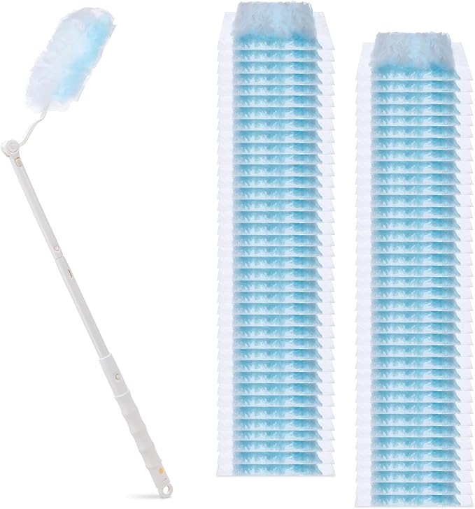 60 Count Duster Refills, 360° Heavy Duty Dusters Kit Disposable Microfibre Dusters with Extendable Handle Multi Surface Duster for Cleaning Furniture Blind Ceiling Fan Home