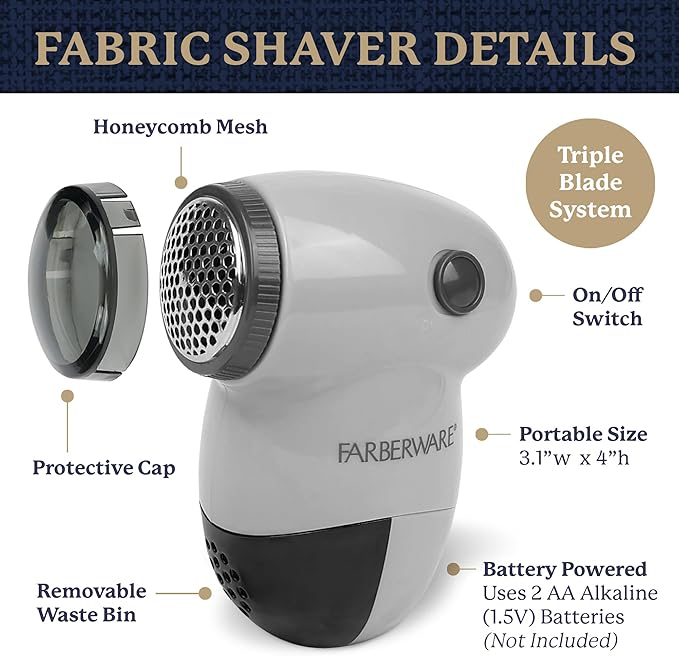 Farberware Lint Remover Fabric Shaver – Battery Operated Lint Shaver with Triple Blades for Clothes, Sweater Shaver to Remove Fuzz, Lint Balls, Pilling for Clothing, Couch, Furniture (Charcoal, Small)