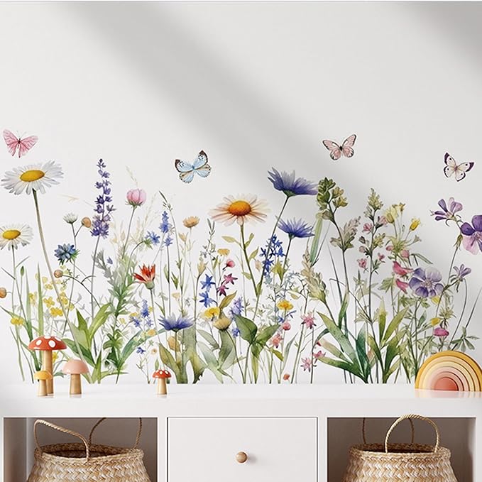 Wildflower Grass Daisy Wall Decals, Garden Floral Butterflies Flower Wall Stickers, BWCXXZH Self-Adhesive Wall Art Stickers for Girls Bedroom Living Room Nursery Decor