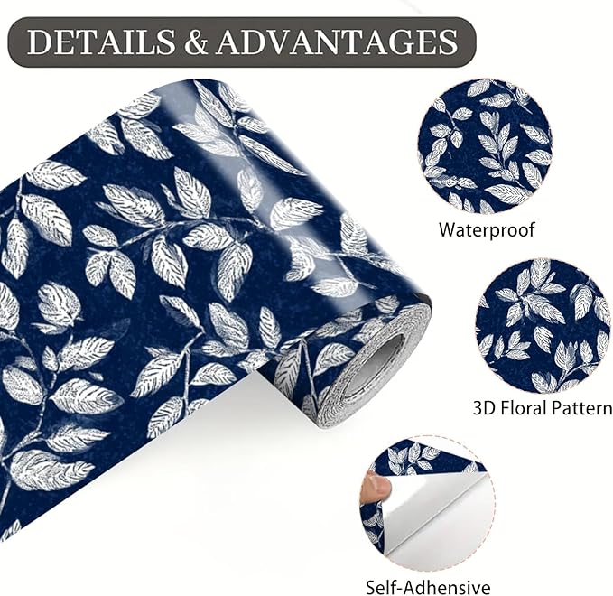 Blue Floral Wallpaper Border 196x4 Inch Peel and Stick Wall Border Elegant White Leaf Pattern Removable Vinyl Wall Trim for Kitchen Bathroom Bedroom Living Room Home Decor