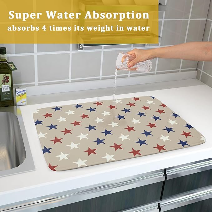 Patriotic July of 4th Blue Red White Star Dish Drying Mat for Kitchen Counter 18x24 Independence Day Absorbent Reversible Microfiber Drying Mats Kitchen Countertop Protector Dishes Drainer Rack Pad