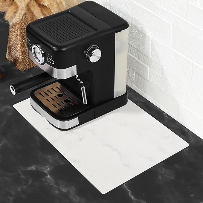 SUEH DESIGN Coffee Mat, Absorbent Dish Drying Mat 19.6 x 11.8 in Quick Dry Coffee Mat Large Drying Mats for Kitchen Counter Coffee Bar, Marble White