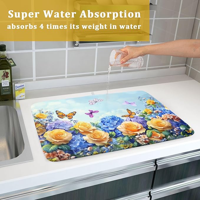 Spring Blue Yellow Hydrangeas Flowers Dish Drying Mat for Kitchen Counter,Colorful Butterflies Flying Drying Mat 18 x 24 Inch with High Absorbent Microfiber Drainer Mat for Coffee Bar