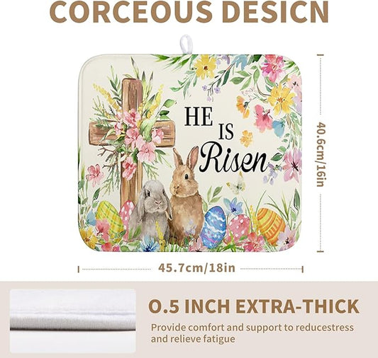 Easter He Is Risen Bunny Dish Drying Mat for Kitchen Counter Spring Easter Cross Floral Eggs Drying Pad 16x18 In Microfiber Absorbent Holiday Dishes Drainer for Kitchen Counter Tableware