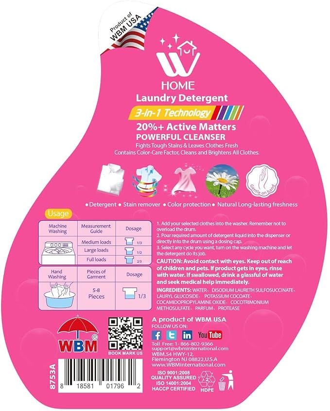 WBM Laundry Detergent Liquid,Concentrate High Efficiency Liquid Laundry Detergent with Long Lasting Fragrance - 35.2 Oz, 50 Loads