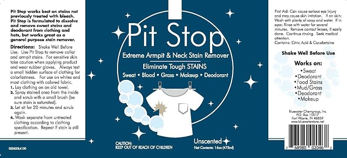 Sanco Industries Pit Stop, Sweat Stain & Deodorant (Antiperspirant) Armpit Stain Remover, Multi-stain formulation, 16oz. (Pack of 2)