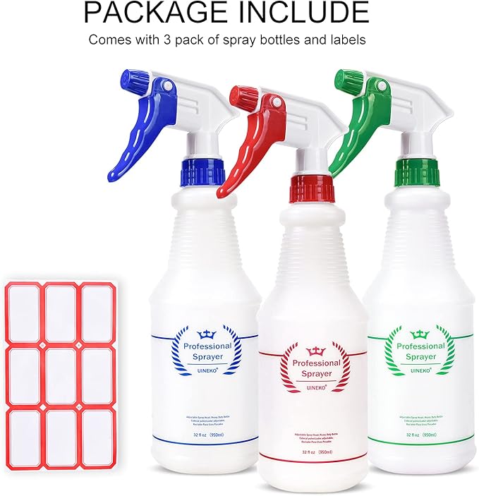 Uineko Plastic Spray Bottle (3 Pack, 32 Oz, 3 Colors) Heavy Duty All-Purpose Empty Spraying Bottles Leak Proof Commercial Mist Water Bottle for Cleaning Solutions Plants Pet with Adjustable Nozzle