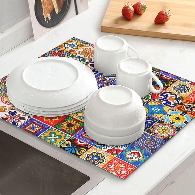 Bohemian Chic Floral Dish Drying Mat, Highly Absorbent Microfiber Kitchen Counter Pad Reusable Washable, 16*18"