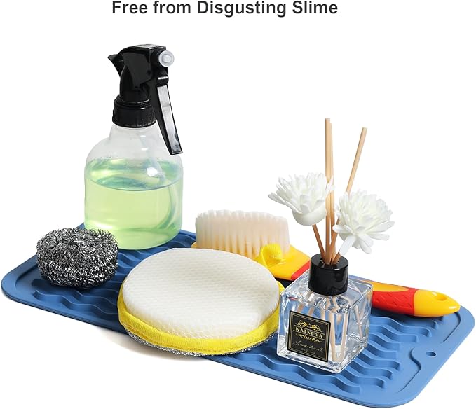 ZLR Silicone Sponge Holder & Sink Caddy Tray (6" x 12") - Narrow Dish Drying Mat for Kitchen Counter - Waterproof Soap Dispenser Organizer, Non-Slip Bathroom Vanity Tray (Lichen Blue)