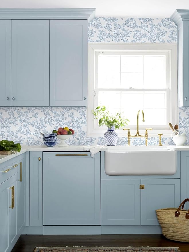 Ismoon Peel and Stick Wallpaper Blue and White Contact Paper Modern Flroal Wall Papaer Textured Removable Self Adhesive Vinyl Stick on Wallpaper for Bedroom Cabinet 17.3x78.7in