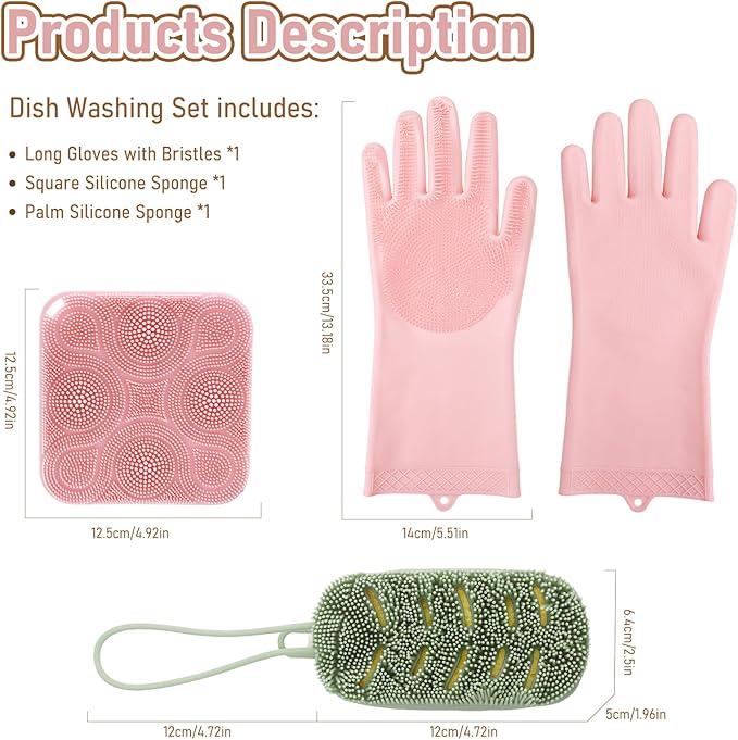 Silicone Sponge 3 Pack Dish Scrubber Sponges Pad Reusable & Long Lasting, Silicone Kitchen Scrubber with Sponge, Non-Scratch Dishwashing Gloves with Bristles for Fruits Vegetables House Cleaning Pink