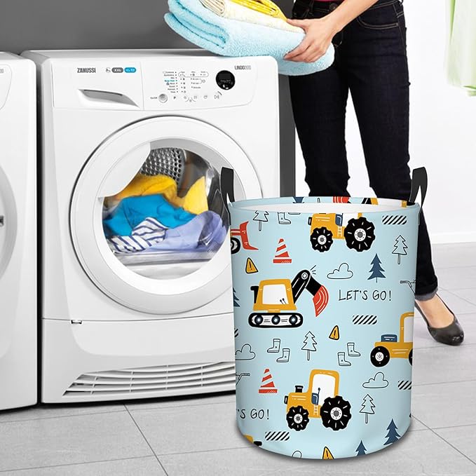 Car Laundry Basket for Boys, Construction Trucks, Construction Transports Theme Bucket, Collapsible Storage Bin with Handles for Toy, Gift for Chritsmas Thanksgiving 13.8x17.7in
